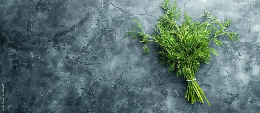 Poster Top view of a cluster of fresh dill on a textured grey surface with a blank copy space image for text