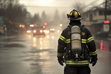 Obraz premium Fireman in Action Fighting Fire