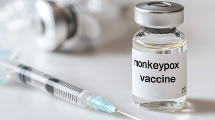 Visual representation: close-up of vaccine container with the bold text monkeypox vaccine, emphasizing importance of vaccination in preventing spread of monkeypox virus, avital public health measure.