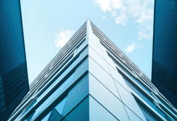 Looking Up modern high-rise office buildings with blue sky in the background, ai