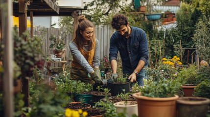Couple gardening together in their backyard