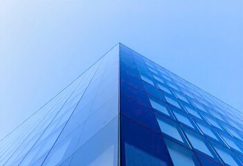 Looking Up modern high-rise office buildings with blue sky in the background, ai