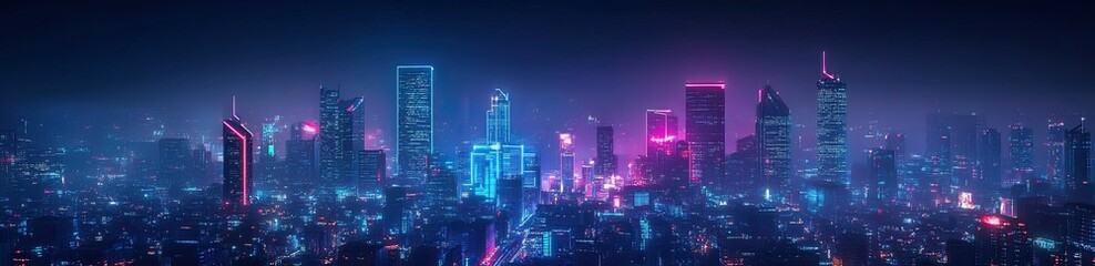 Fototapeta premium Night view of the city illuminated with neon lights and skyscrapers.