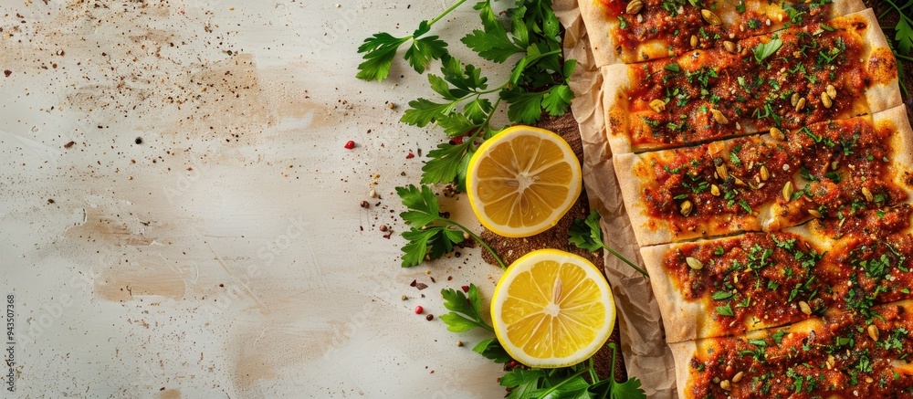 Poster Detailed shot of Turkish lahmacun flatbread garnished with spices lemons and parsley against a plain background with a copy space image