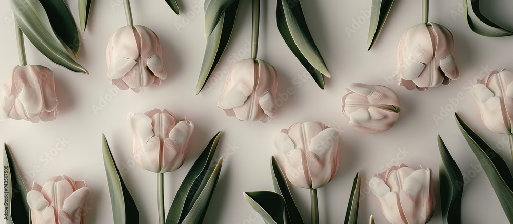 Poster vintage style top view of numerous pale pink tulips with a copy space image