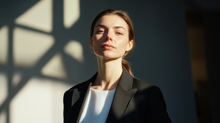 Serious businesswoman standing in a sunlit studio, her expression reflecting determination and focus.