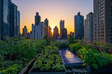 Obraz premium A stunning rooftop garden showcases green life among urban skyscrapers. Nature meets city living in this vibrant scene. Sustainable energy combines with beauty. Generative AI