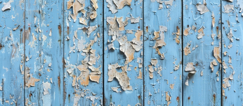 Poster Texture of a blue plywood wall with peeling paint creating a rustic look providing a suitable background for a copy space image
