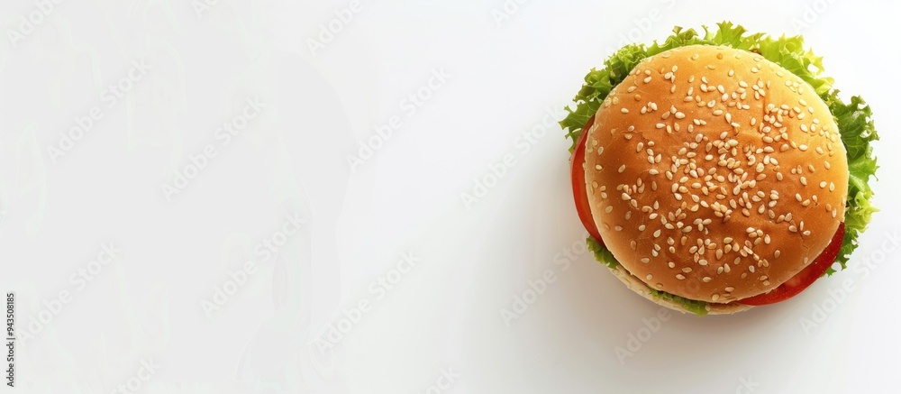 Poster Top down perspective photograph of a hamburger bun on a white backdrop with available space for additional images