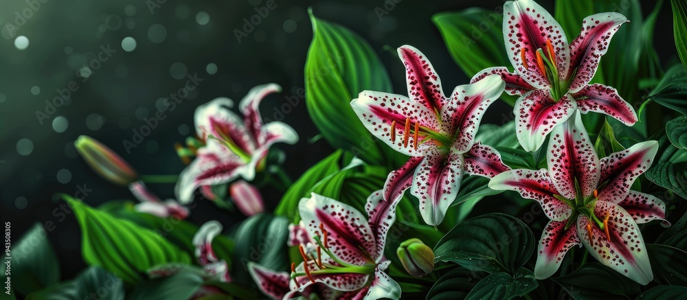 Poster enjoy the view of dark maroon and white checkered lily flowers in a spring garden with vibrant green