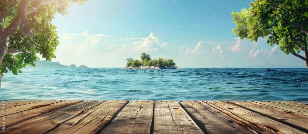 Leinwandbilder Sea view on an island with a charming wooden log serving as a table background featuring ample copy space for an image