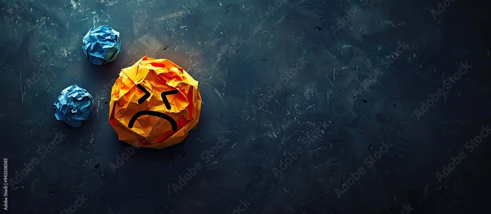 Poster Crumpled colored paper and an upset emoji on a dark background reflect failed attempts affecting motivation in the copy space image