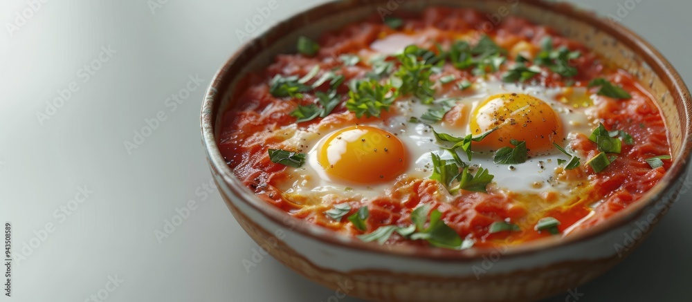 Aufkleber shakshuka dish with tomatoes and eggs served in a bowl on a bright background ideal for a copy space