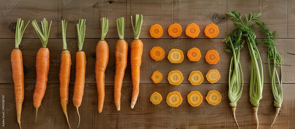 Poster Carrots both whole and sliced arranged on a wooden surface for a flat lay composition with room for adding text alongside the image. Creative banner. Copyspace image