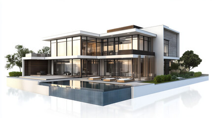 Fototapeta premium A 3D rendering of a modern, cozy house with a pool and parking, designed in a luxurious style. Isolated on a white background, suitable for sale or rent.