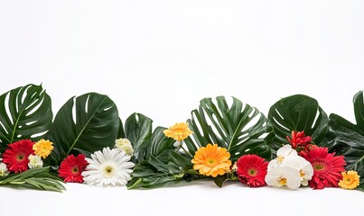 Fototapeta premium A row of colorful flowers and tropical leaves arranged horizontally against a white background.