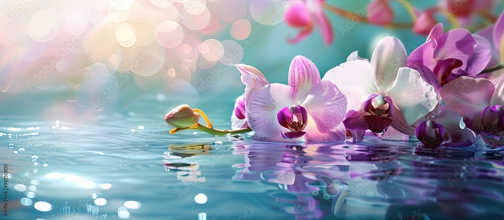 Poster close up purple and white orchid flowers floating on the water s surface creating a serene and visua