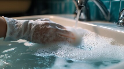 Fototapeta premium A gloved hand scrubs a tile in a soapy sink, symbolizing the task of cleaning and maintaining a tidy bathroom or kitchen.