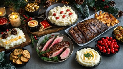 A cozy Christmas dinner spread with roasted meat, creamy mashed potatoes, festive appetizers, and desserts, all arranged on a grey table for a holiday vibe