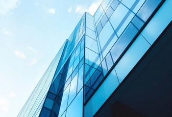 Looking Up modern high-rise office buildings with blue sky in the background, ai