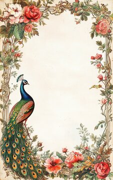 A white page with an ornamental border, featuring a peacock and floral motifs, blank center for writing.