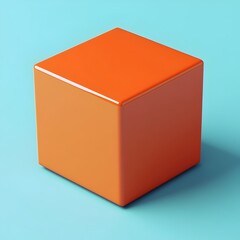 Fototapeta premium Imaginative Cubic Aluminum Sculpture in Bright Tangerine Orange on Pastel Blue Background