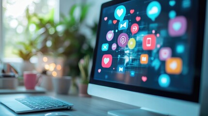 A laptop screen filled with floating social media icons on a desk, symbolizing digital connectivity and online interaction...