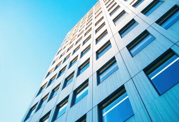 Looking Up modern high-rise office buildings with blue sky in the background, ai