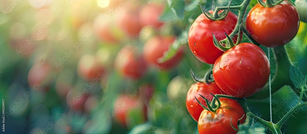 Poster a close up photo of fresh organic tomatoes growing on a vine at a local farm providing a background 