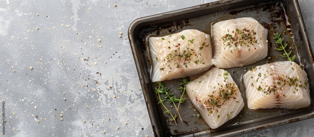 Poster top view of uncooked raw cod loin fillet steaks seasoned with herbs in a kitchen tray against a gray