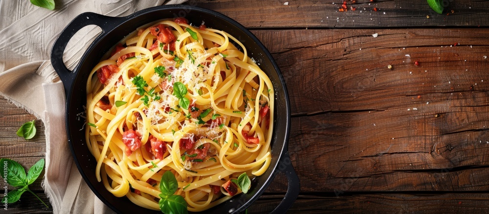 Wall mural wooden background featuring a scrumptious pasta carbonara in a frying pan with ample space for furth