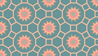 Geomatric seamless pattern in green and pink. Floral repeating structure.