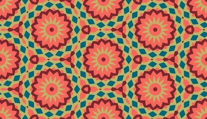 Geomatric seamless pattern in green and orange. Floral repeating structure.