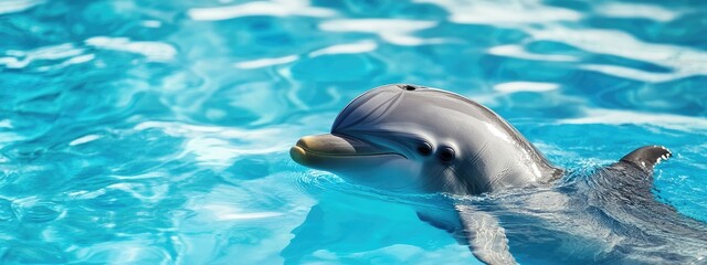 A dolphin glides gracefully through the ocean, illuminated by sunlight filtering through the clear blue water..