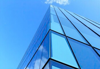 Looking Up modern high-rise office buildings with blue sky in the background, ai