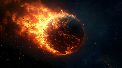 A burning planet Earth engulfed in flames and debris against a starry night sky.