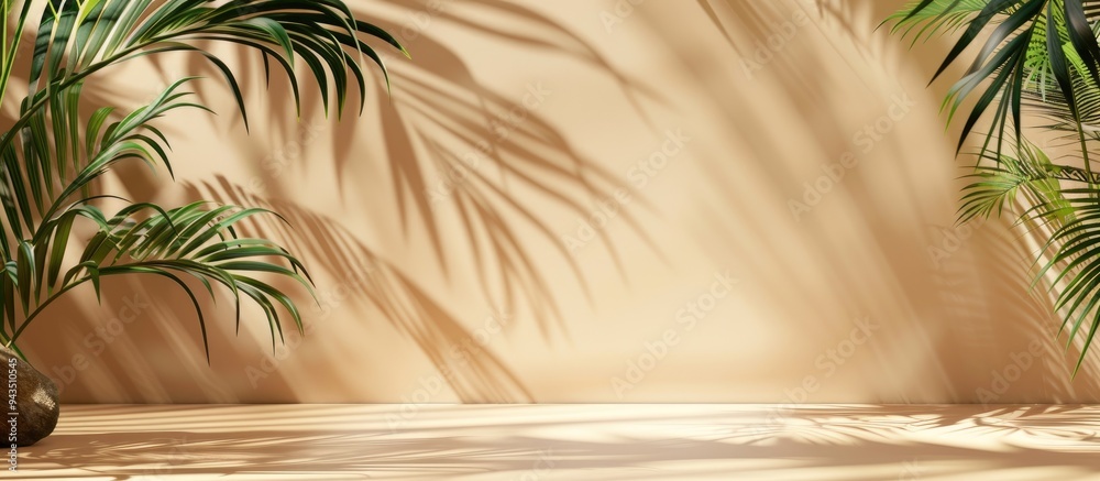 Poster beige background with tropical palm leaves is shown in an empty room providing a minimal abstract ba