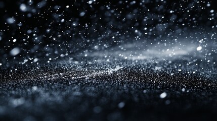 Abstract black backdrop with superimposed rain and fog textures, white particle motion captured, and snow and rain splashes layered together.