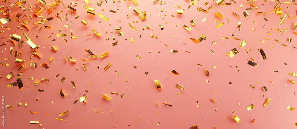Leinwandbilder top view of golden confetti on a colorful background with copy space image