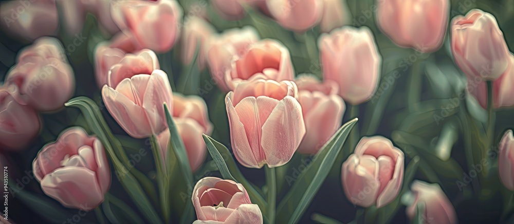 Poster vintage style top view of numerous pale pink tulips with a copy space image