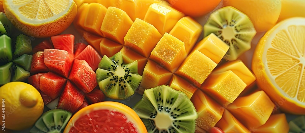 Poster a variety of exotic fresh fruits like mango orange lemon kiwi melon and blood orange are arranged in