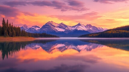 Fototapeta premium Stunning sunset over a calm mountain lake, the reflection of snow-capped peaks perfectly mirrored on the water.