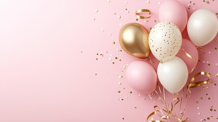 A glamorous birthday card with 3D balloons in soft tones and a gold ribbon, set against a pink background. Realistic design with a luxury feel.