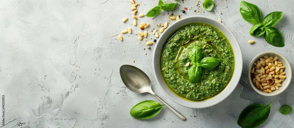 Fototapete a bowl of delicious pesto sauce with basil pine nuts and a spoon arranged on a light grey table in a