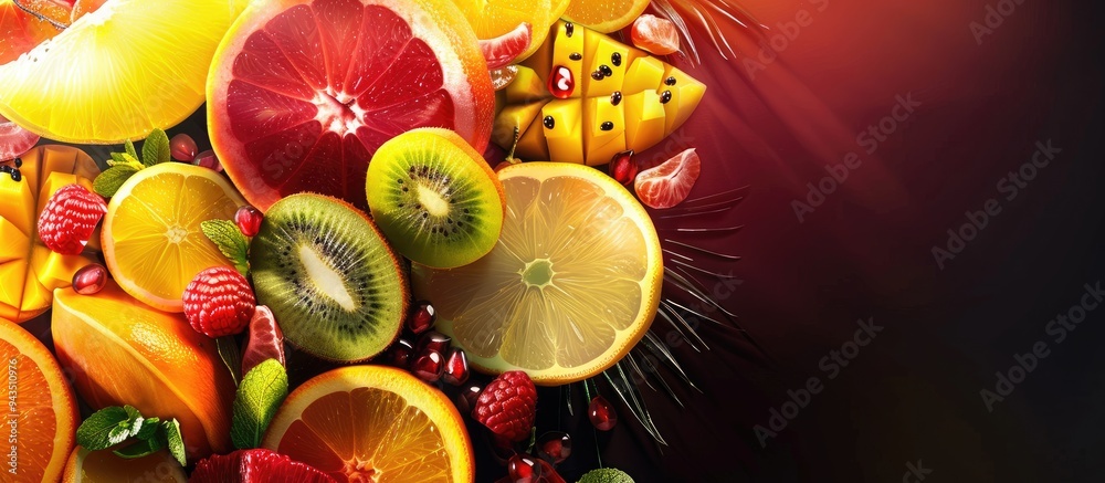 Poster a variety of exotic fresh fruits like mango orange lemon kiwi melon and blood orange are arranged in