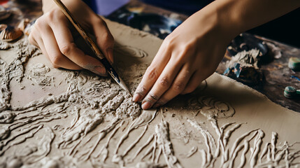 Obraz premium Close-up of hands crafting a piece of art with textured details showing creativity and focus
