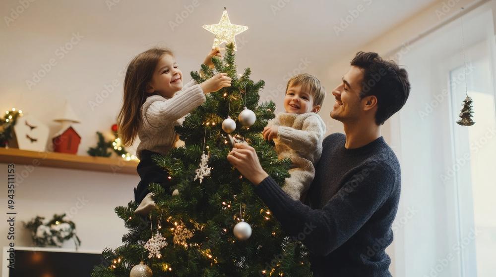 Wall mural Family decorating a Christmas tree together