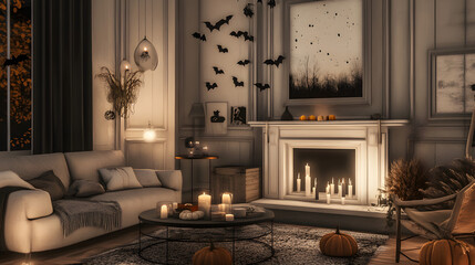 A cozy living room decorated for Halloween with dim lighting, a fireplace, pumpkins, and bats on the wall creating a festive and spooky atmosphere