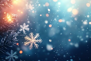 MErry Christmas and Happy New Year design with snowflakes and lights. Shining winter background.generative ai