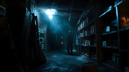 A dark creepy basement illuminated by flickering lights reveals shadowy figures and dust in the air creating an eerie atmosphere